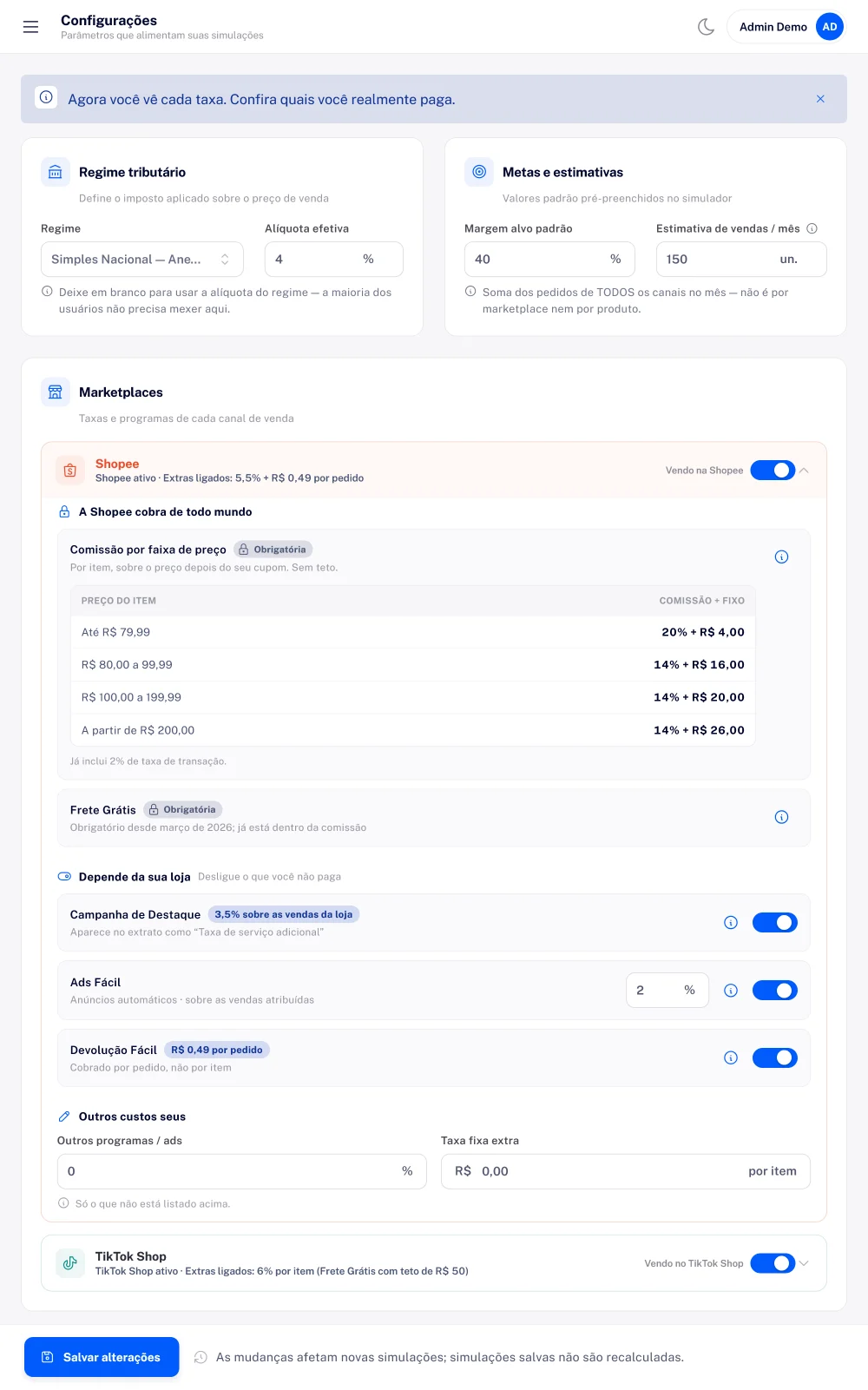Tela de Configurações do Precifica.ai com regime tributário, metas de margem e as taxas da Shopee e do TikTok Shop.